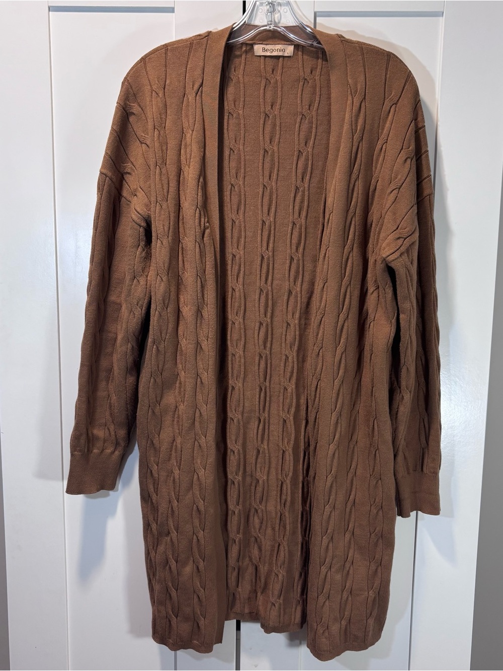 Begonia Women’s L Camel Brown Cable Knit Long Open Front Duster Cardigan Sweater
